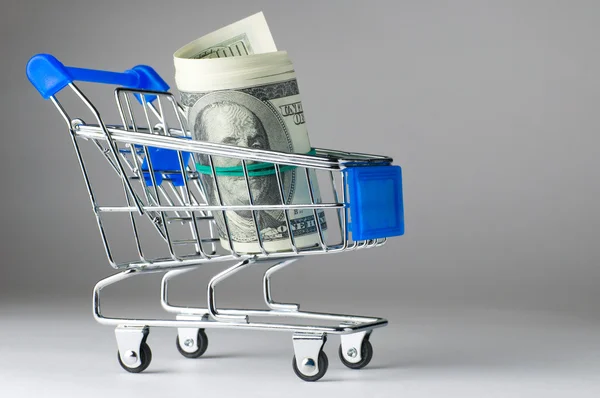 Dollar notes in shopping cart — Stockfoto
