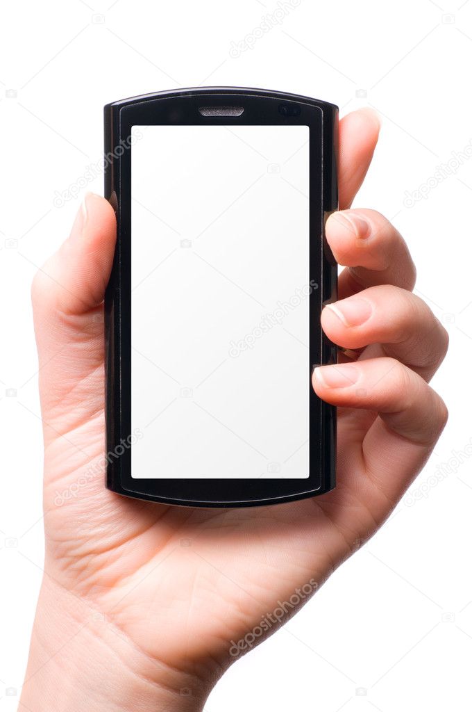female hand is holding a modern touch screen phone. Screen is cut with clipping path