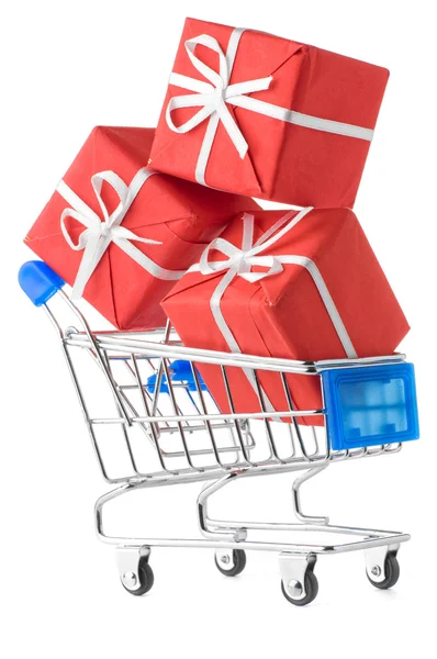 Closeup Shopping Cart Gifts Isolated White — Stock Photo, Image