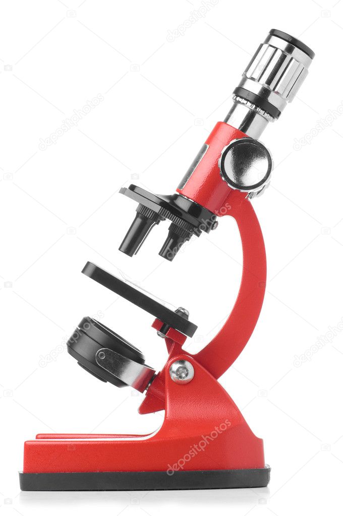 Side view of a red microscope isolated on white background