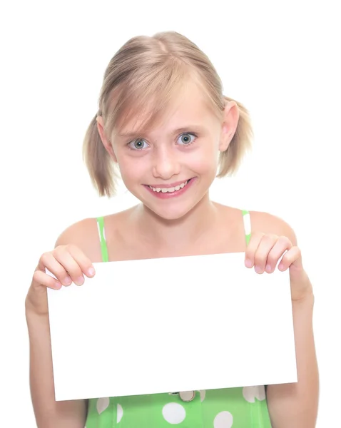 Girl with blank note on white — Stock Photo, Image