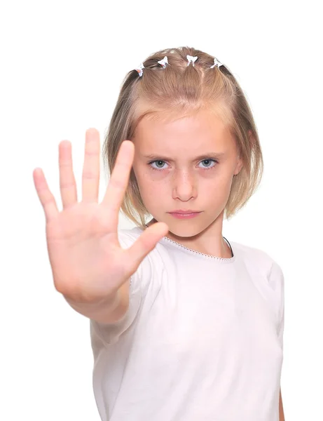 Little girl is makes a stop gesture — Stock Photo, Image
