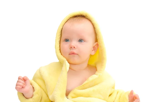 Bambino Piccolo Cappuccio Giallo Sfondo Bianco — Foto Stock