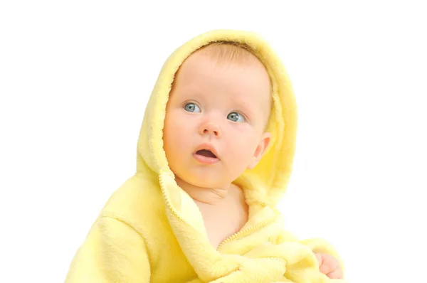 Kleines Kind Gelber Kapuze Auf Weißem Hintergrund — Stockfoto