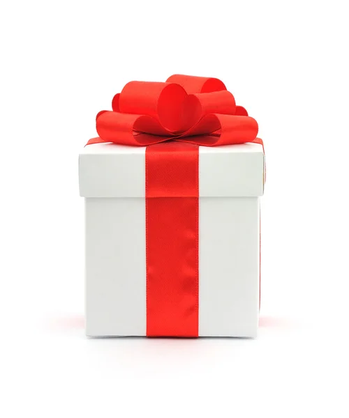 White Gift Box Red Bow White Background — Stock Photo, Image