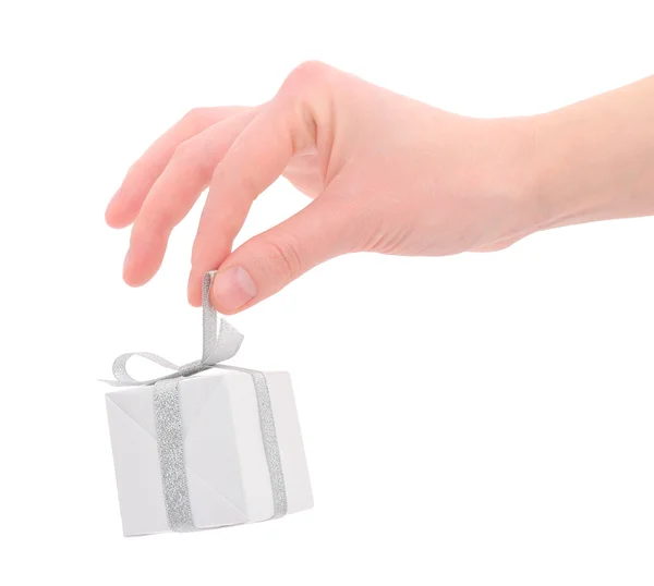 Woman Hand Small White Gift Box Silver Ribbon Isolated White — Stock Photo, Image
