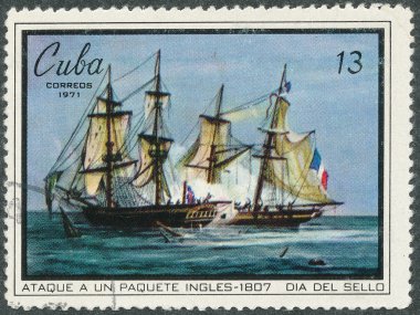 Stamp shows image of a battle of the wind-driven ships clipart