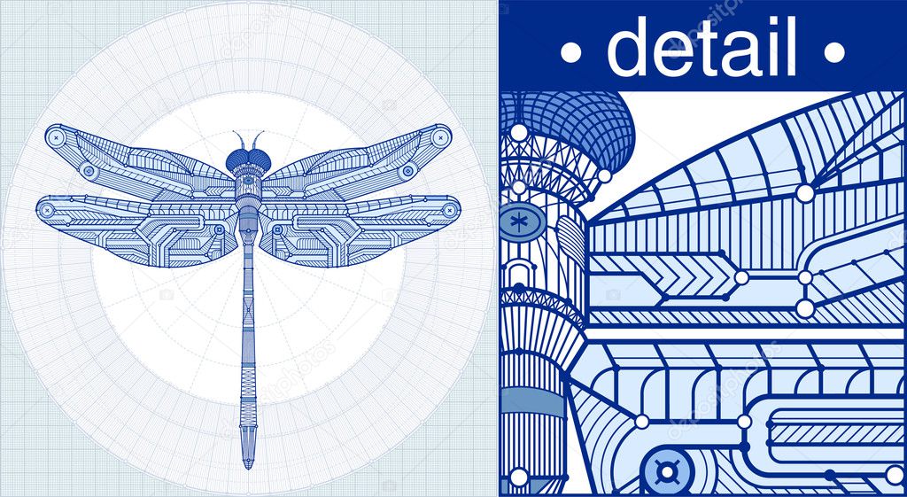 Vector illustration of a dragonfly in a draft style.