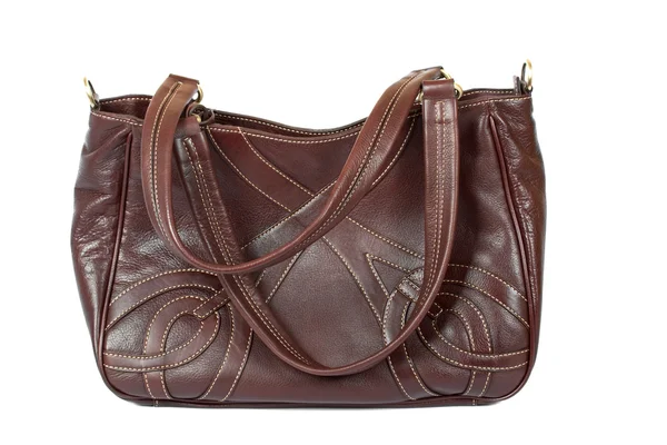 白で茶色の革の女性のハンドバッグ — ストック写真