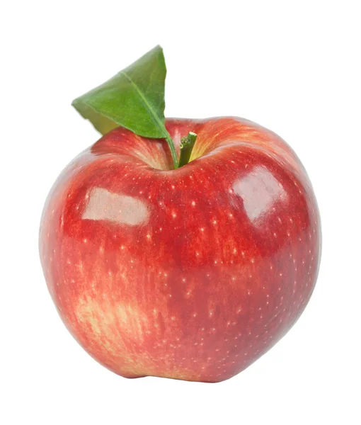 Red ripe apple with green leaf — Stock Photo, Image