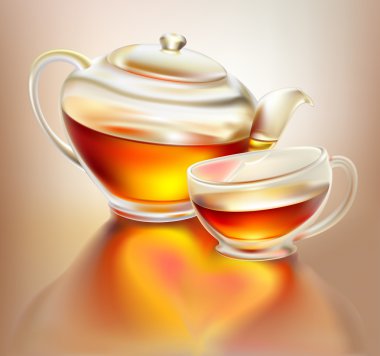 Glass teapot and cup with tea in morning sunlight clipart