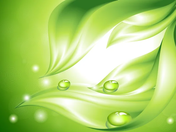 Fond vert abstrait avec feuilles et gouttes d'eau — Image vectorielle