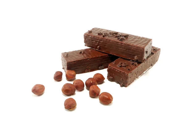 Wafels Chocolade Met Een Moer Zijn Geïsoleerd Een Witte Achtergrond — Stockfoto