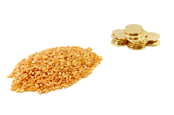 Cereali di frumento e monete metalliche — Foto Stock