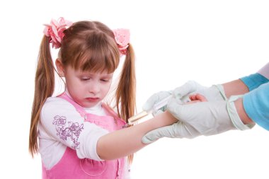 Little girl becomes vaccination by a doctor (symbolic). Little girl getting an injection.. clipart