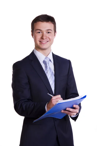 Biznesmen Uśmiechający Się Gospodarstwa Folderów Szczęśliwy Młody Biznesmen Dokumenty Gotowe — Zdjęcie stockowe