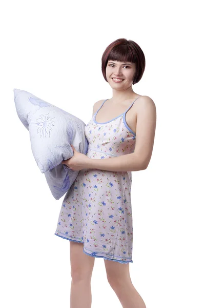 Ευτυχισμένος κορίτσι με μαξιλάρι — Φωτογραφία Αρχείου