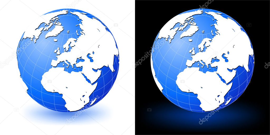 Illustration of earth globe on white and black backgrounds with glow shadow.