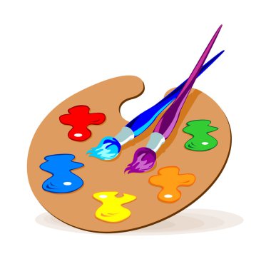 Vector color illustration of paintbrushes and a palette with basic colors. clipart