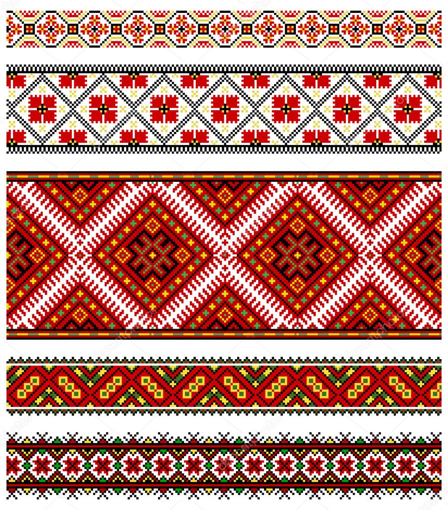Vector illustrations of ukrainian embroidery ornaments, patterns, frames and borders.