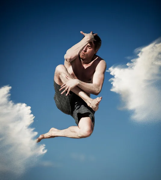Young Man Jumping Beach Contrast Colors Effect — Stock Photo, Image