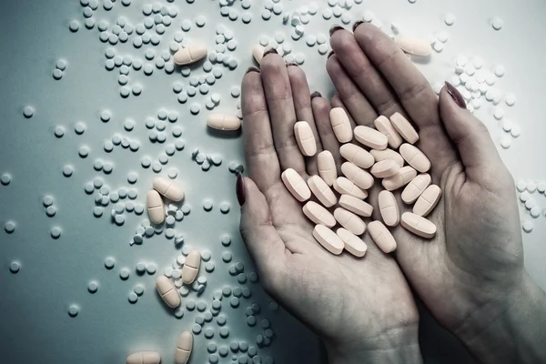 Woman Hands Lots Pills Dark Contrast Colors — Stock Photo, Image