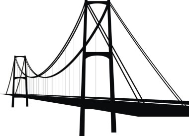 Vector suspension cable bridge - isolated illustration on white background, black silhouette. clipart