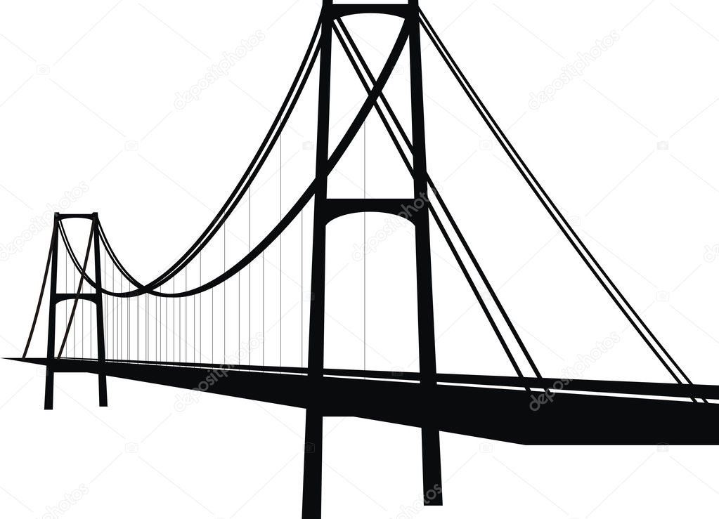 Vector suspension cable bridge - isolated illustration on white background, black silhouette.