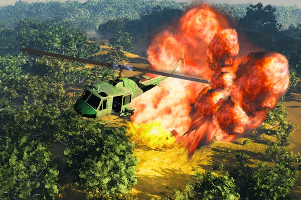 直升机和爆炸的场面 — 图库照片