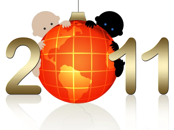 Tarjeta de año nuevo con globo y bebés multirraciales — Foto de Stock