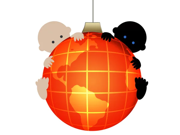 Cartão de ano novo com globo e bebês multirraciais — Fotografia de Stock
