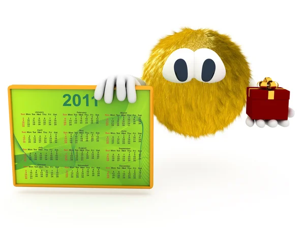 3d creature with calendar of 2011 — Stock Photo, Image