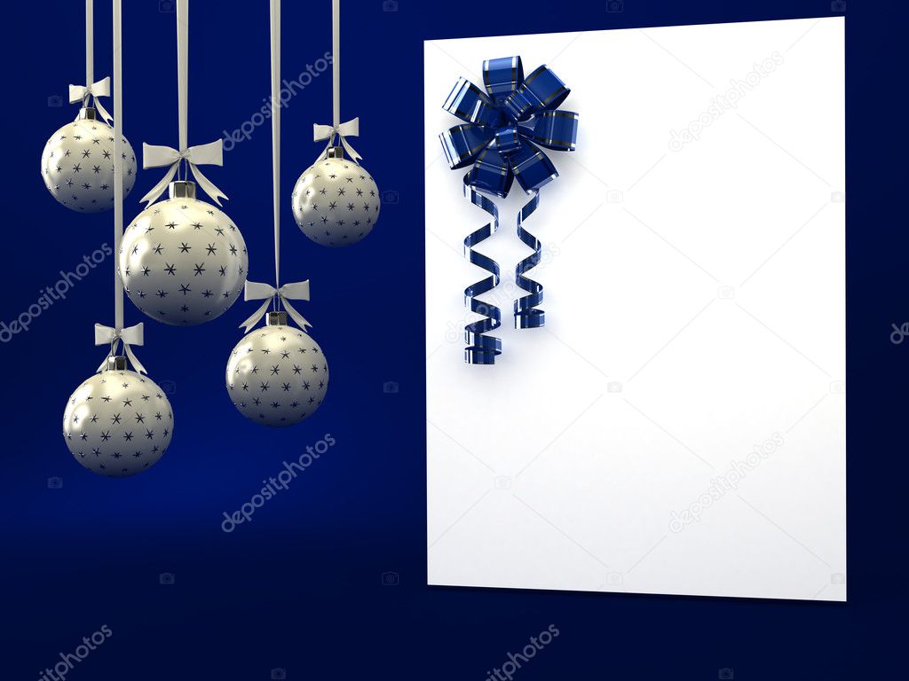 Greeting card with ribbon over blue