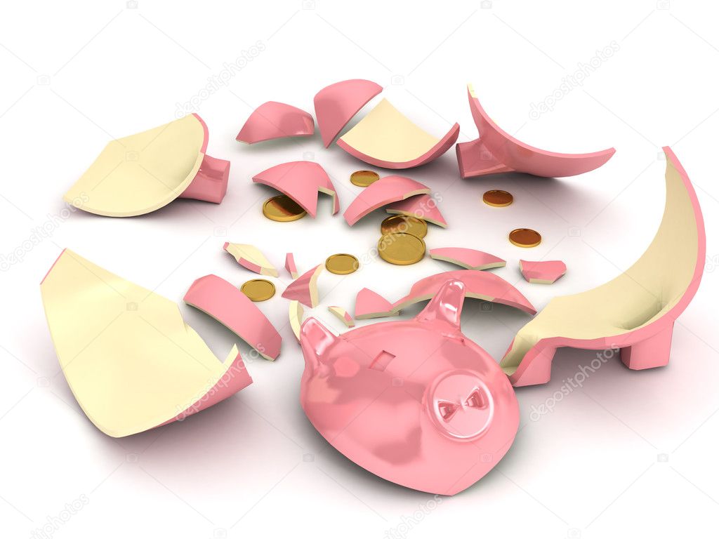 Broken piggy bank over white background
