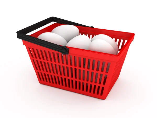 Cesta de compras com ovos sobre fundo branco — Fotografia de Stock