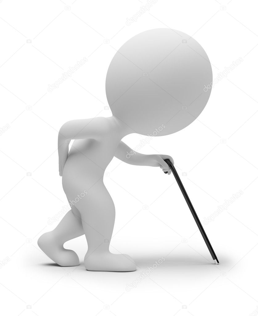 3d small - elderly person with a stick. 3d image. Isolated white background.