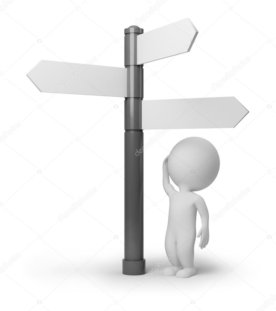3d small standing in front of a roadsigns. 3d image. Isolated white background.