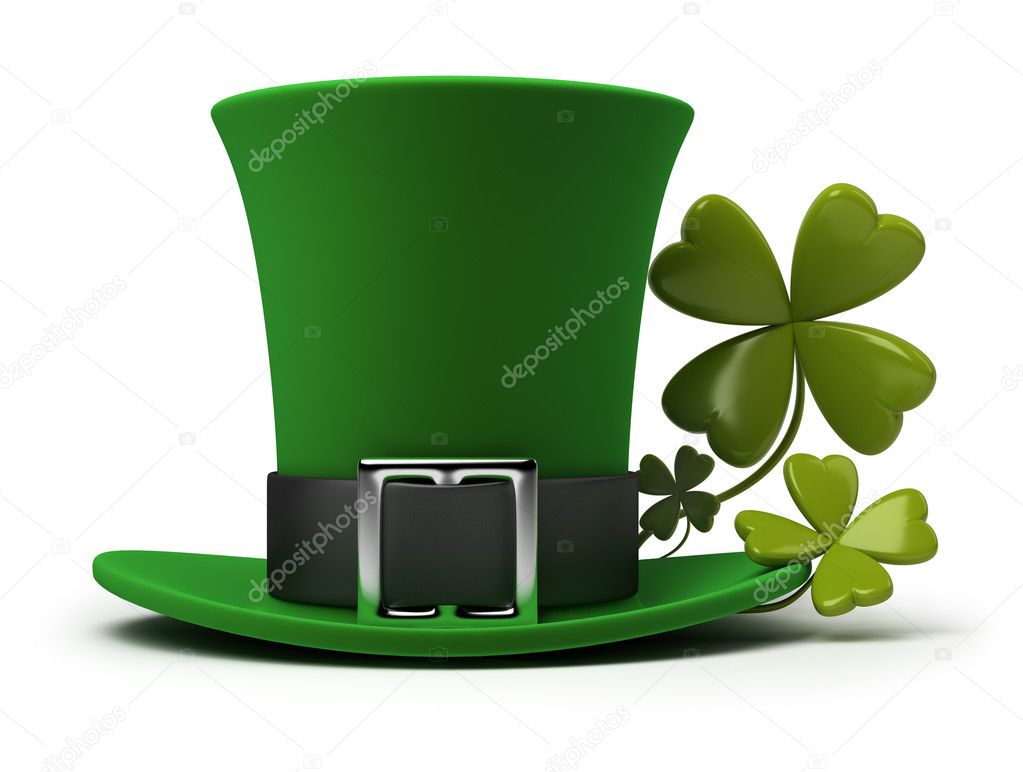 St. Patrick's hat with four-leaf clover. 3d image. Isolated white background.