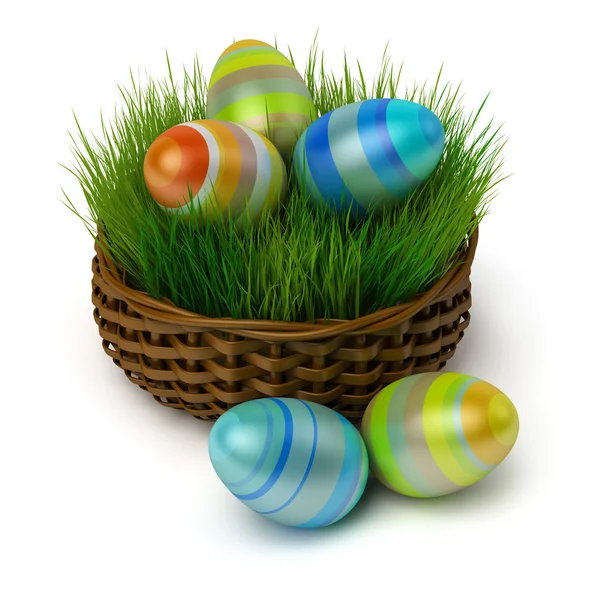 Ovos de Páscoa em uma cesta com uma grama — Fotografia de Stock