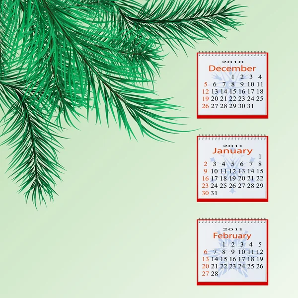 Calendario de invierno para un fondo verde con ramas de pino — Vector de stock