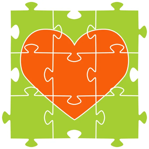 Oranžové Srdce Shromážděné Hádanky Zeleném Pozadí — Stockový vektor