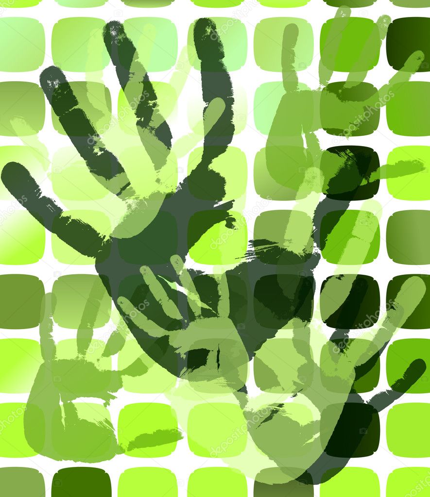 Grunge background with hand prints on squares. eps10