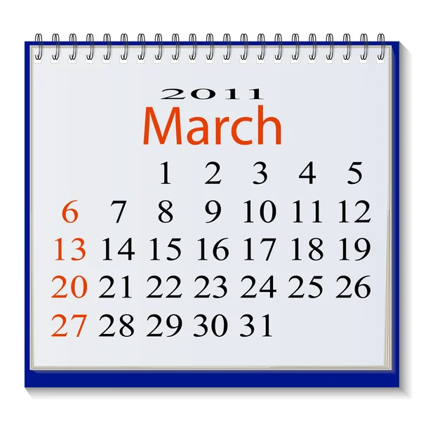 De vector afbeelding van een kalender voor maart 2011. eps10 — Stockvector