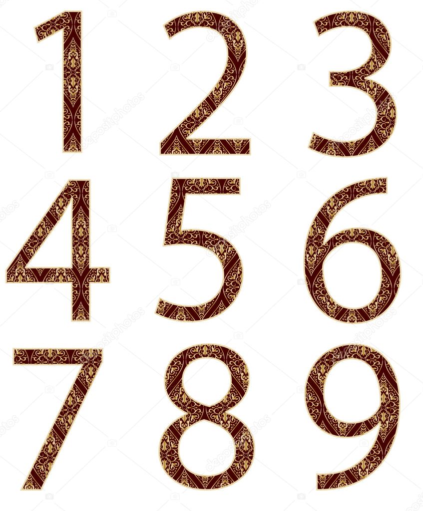 Collection of numbers, made from floral gold pattern