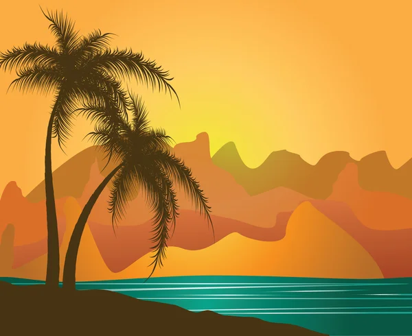Dağlar ve deniz karşı palmiye ağaçları — Stok Vektör