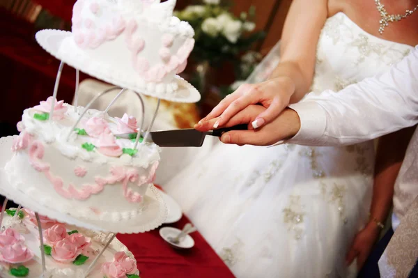 Newly-married couple cuts a wedding pie a close up — Stock Photo, Image