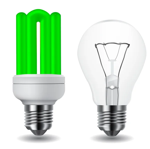 Lâmpada verde de poupança de energia e lâmpada clássica — Vetor de Stock