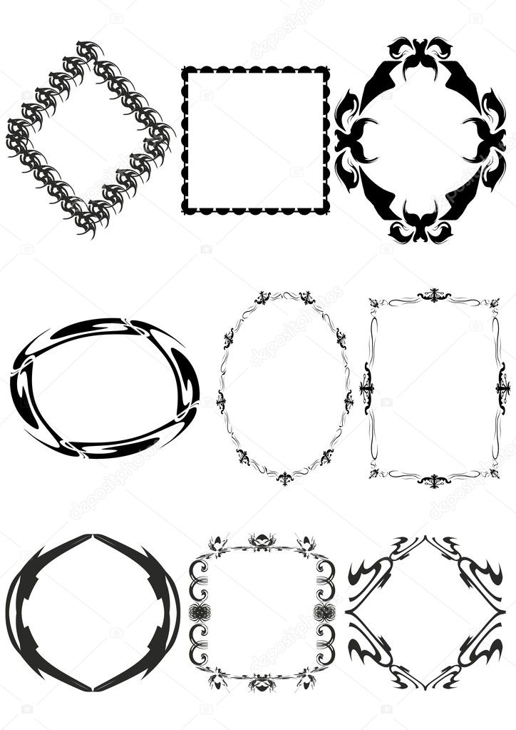 Variety of frames with designs and monograms on a white background.