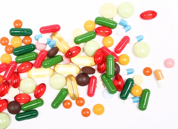 Verschillende Kleurrijke Pillen Witte Achtergrond — Stockfoto