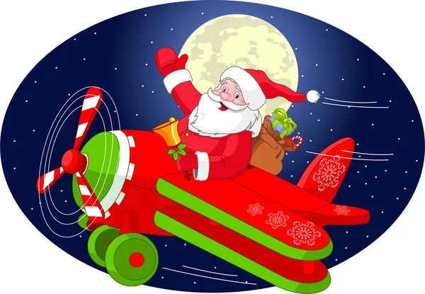 Weihnachtsmann fliegt im Flugzeug — Stockvektor